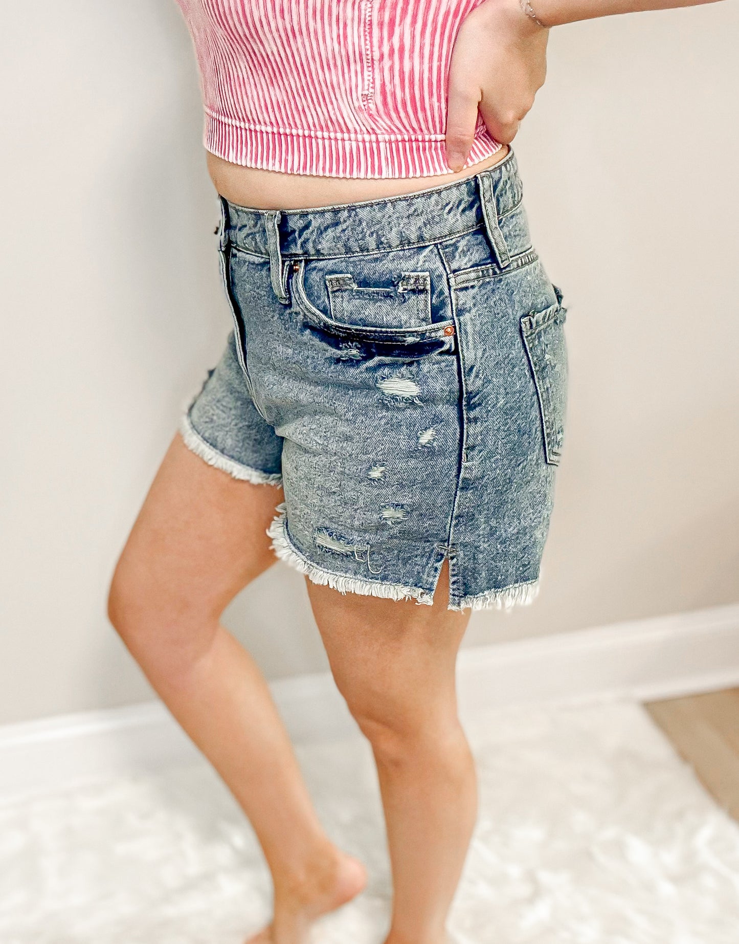 Stand Out High Rise Medium Wash Denim Shorts