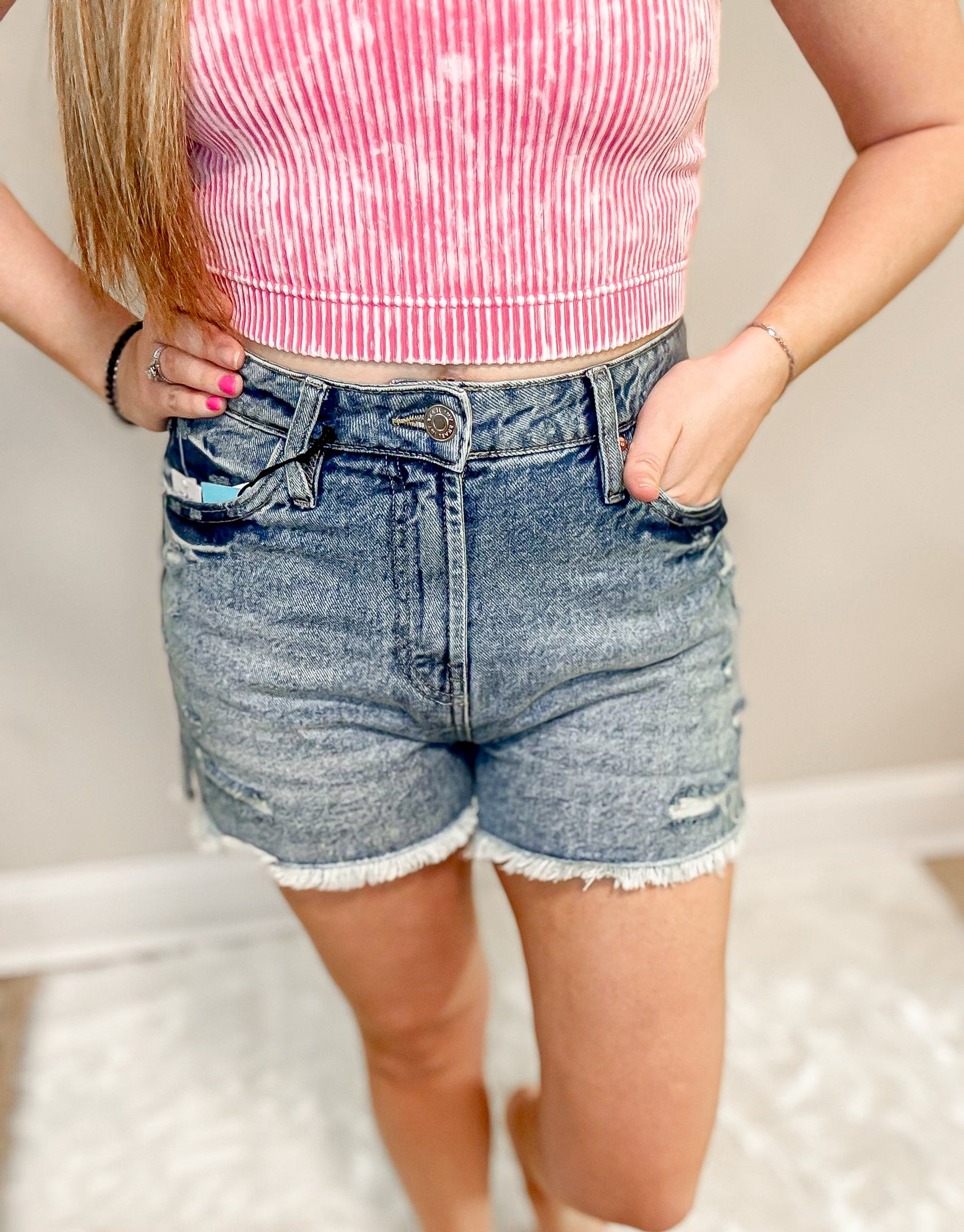 Stand Out High Rise Medium Wash Denim Shorts