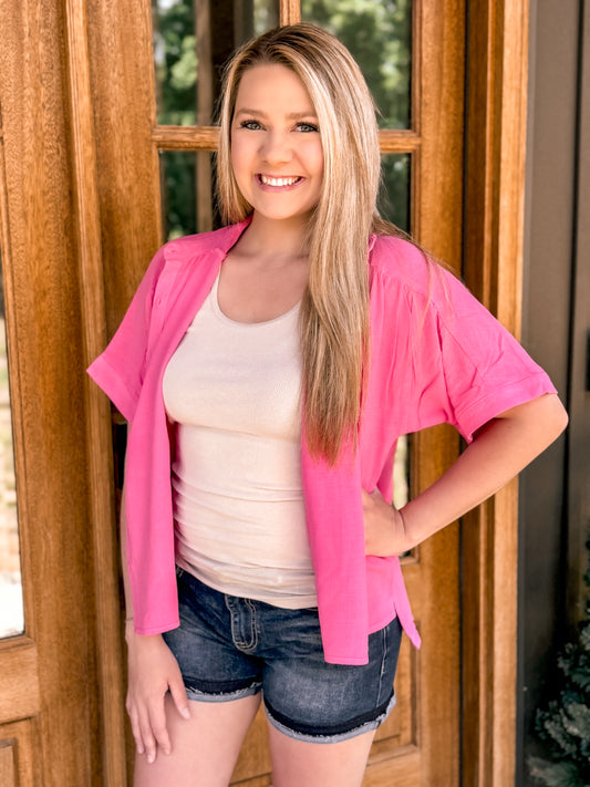 Breezy Button Up Top in Hot Pink