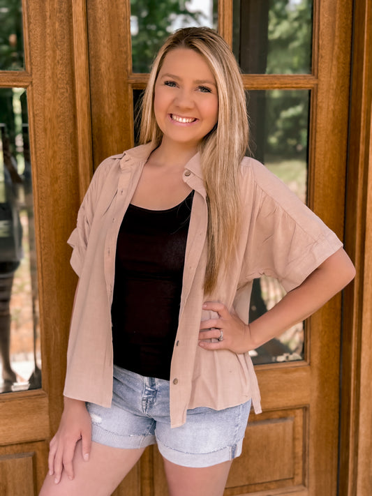 Breezy Button Up Top in Taupe
