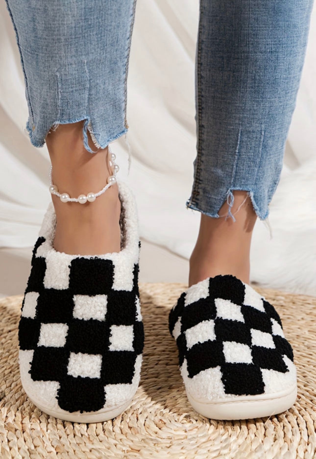 Black Checkered Fuzzy Slippers