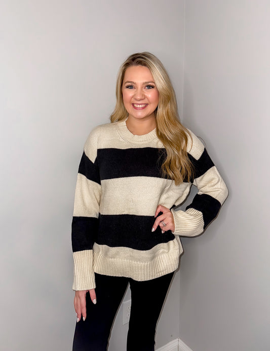 Feeling the love Black and Ivory Striped Sweater